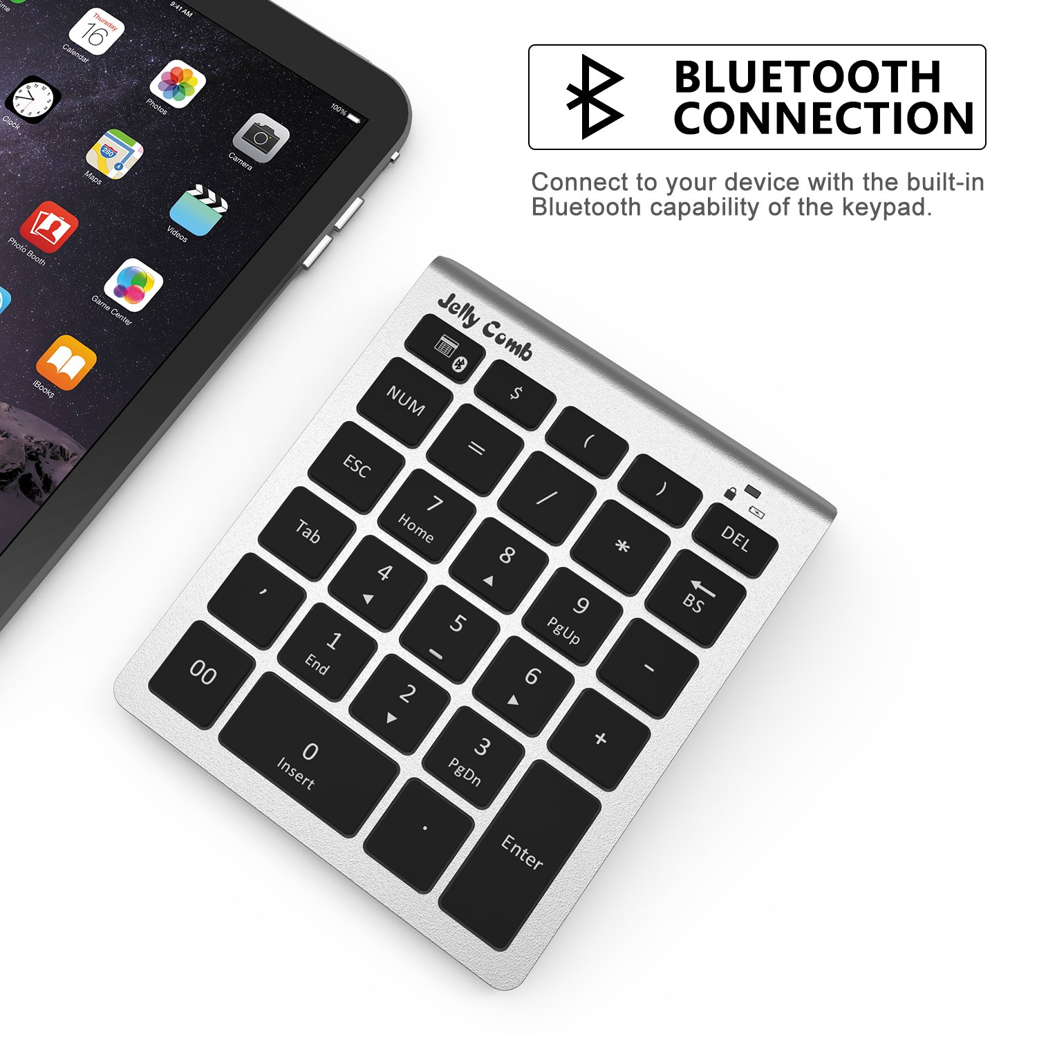 Bluetooth Number Pad — Jelly Comb N019 Bluetooth Numeric Keypad Portable Full Size 28-Key Keypad with Multiple Shortcuts for Data Entry Laptop, Tablet, Surface Pro and More(Black and Silver)