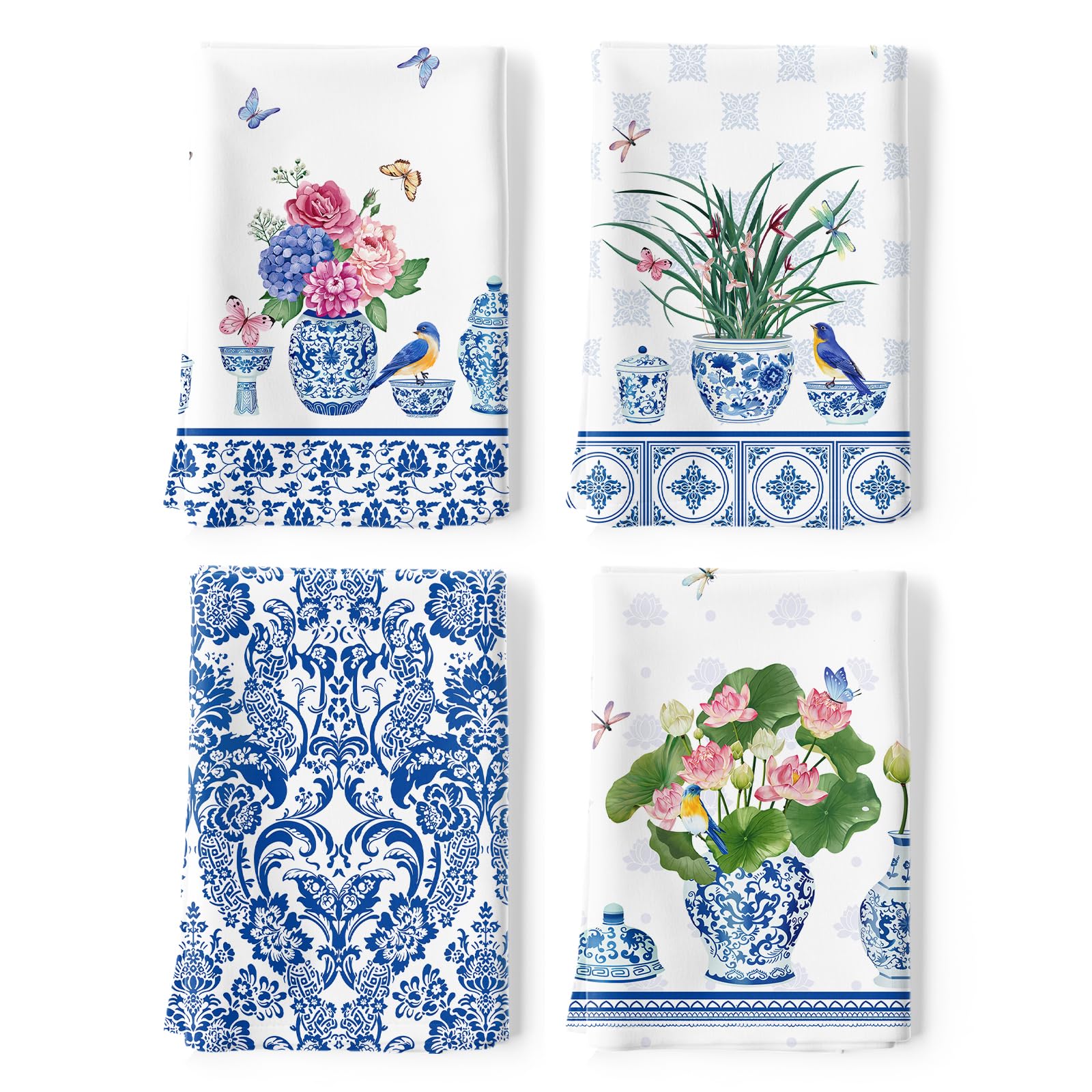 Arquiel Blue and White Porcelain Kitchen Towel 100% Cotton Quick Dry Dish Towels 50 x 70CM, Dishcloth Hand Towels for Housewarming Gifts Dining, Home, Wedding, Banquet, Buffet (Set of 4)