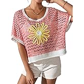 Crochet Coverups for Women 2026 Summer Floral Hollow Out Pullover Sweaters Beach Vacation Knit Cover Ups