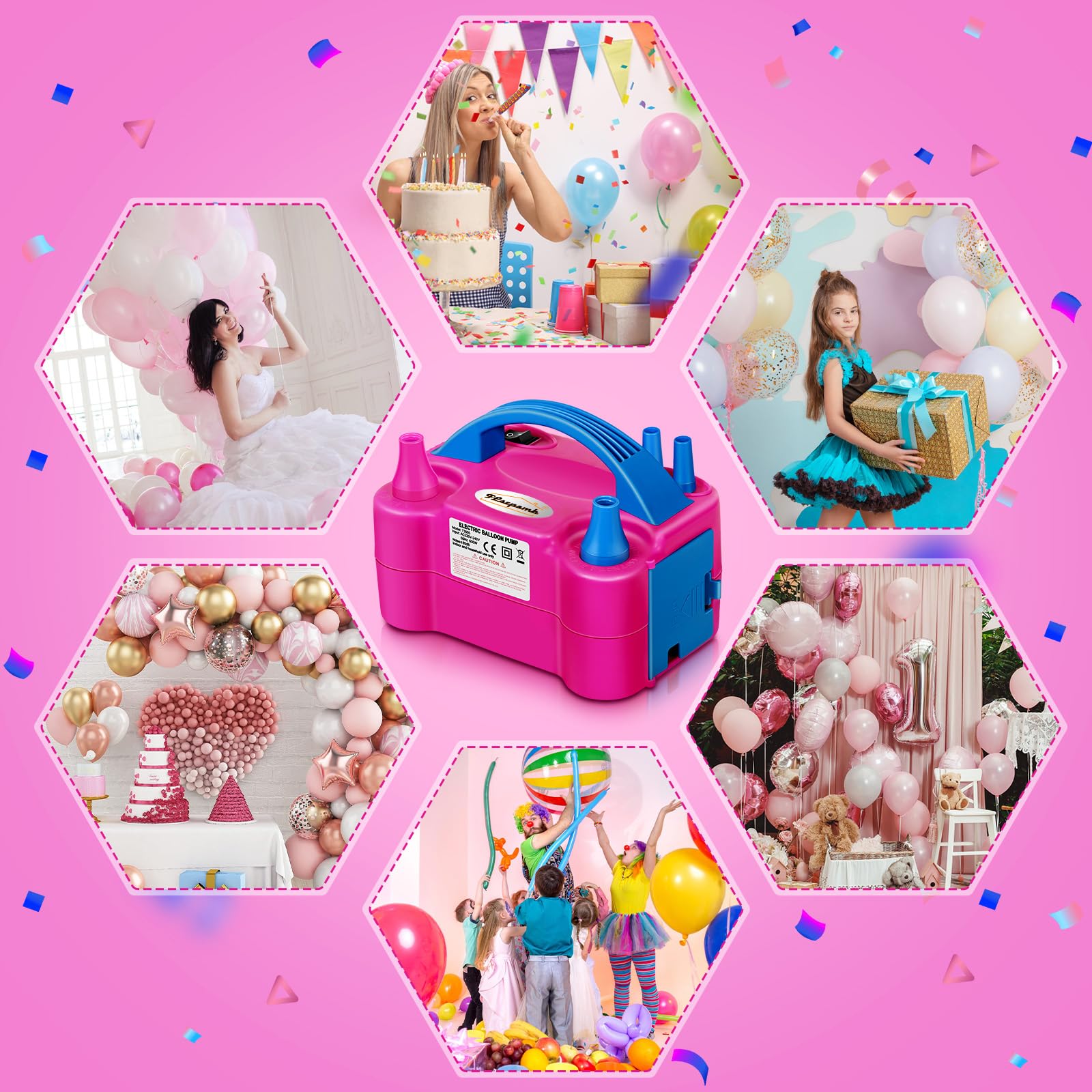 FLSEPAMB Balloon Pump, Electric Balloon Pump,Portable Dual Nozzles Electric Balloon Air Pump 110V 600W, Electric Balloon Inflator with Tying Tool, Colored Ribbons for Party Decoration