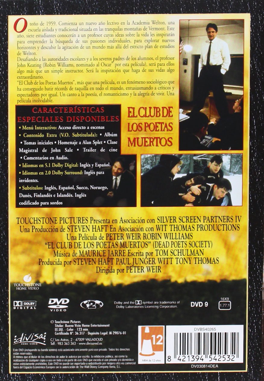 El Club De Los Poetas Muertos Dvd Amazon Es Robin Williams Robert Sean Leonard Ethan Hawke Josh Charles Gale Hansen Dylan Kussman Peter Weir Robin Williams Robert Sean Leonard Cine Y Series Tv