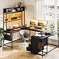 U Shaped Desk with Monitor Stand and LED Lights, U Shaped Gaming Desk with Storage Shelves, Large Computer Desk with Power Outlets, Large Corner Office Desk with 4 Drawers,Black
