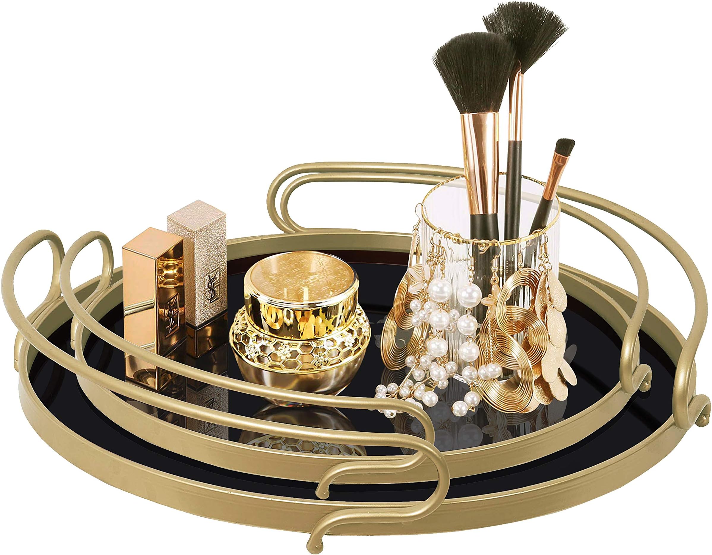 Vanity Perfume Tray Jewelry Makeup Organizer Modern Round Decorative Tray for Dresser Bathroom Living Room 2 pcs