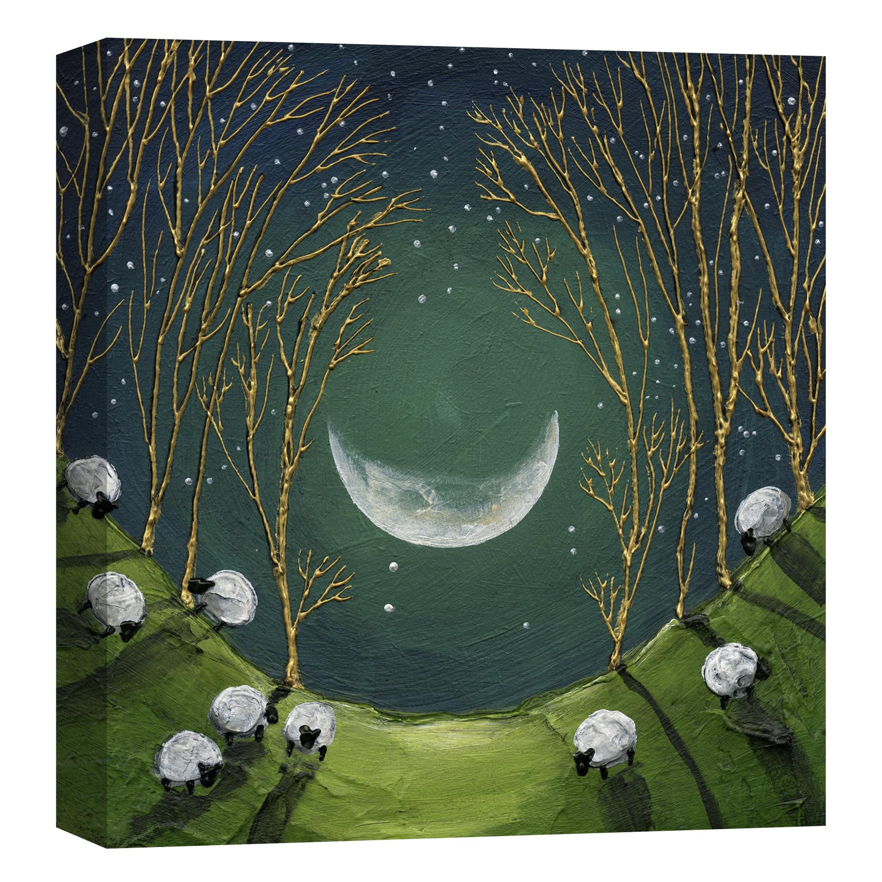Artko Sheep and Trees Canvas Print Wall Art - 'Raincatcher' by Geoff Beckett - Moonlit Countryside - Peaceful Nature Picture - Ready to Hang Home Décor - 30cm x 30 cm
