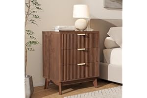 LYNCOHOME Fluted Nightstand with 3 Drawers, Modern Wood Chest of Bedside Table with Curved Profile, Fluted Dresser Organizer 