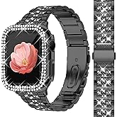 Newlibery Bling Watch Bands with Bling Case for Women Compatible with Apple Watch Band 45mm Elegant Dressy Jewelry Replacement Metal Link Wristband Protector Cover for iWatch Series 9/8/7 Black