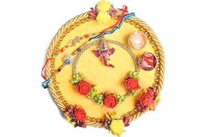 CRAFTSMAN SATVIK Rakhi Puja Thali Set Platter For Brother Bhaiya Bhabhi with 2 Designer Rakhi Thread, Roli Chawal & Ram Sita Sticker Indian Festive Decorative Raksha Bhandhan Pujan Plate Set