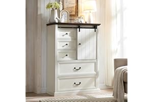 SinCiDo 5 Drawers Dresser for Bedroom, Farmhouse Dressers Organizer w/Sliding Barn Door, Rustic Wood Chest of Drawers w/Adjustable Shelves for Bedroom, Hallway, Kitchen, 47 Inches Tall, White