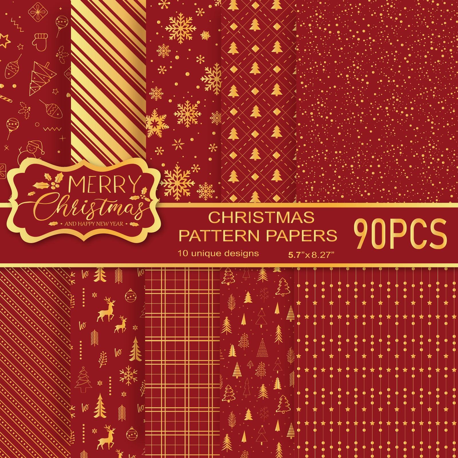 MIAHART 90 Sheets Merry Christmas Pattern Paper Set 10 Designs A5 Size Festival Decorative Craft Paper for Card Making Scrapbook (Red & Gold, A5-90)