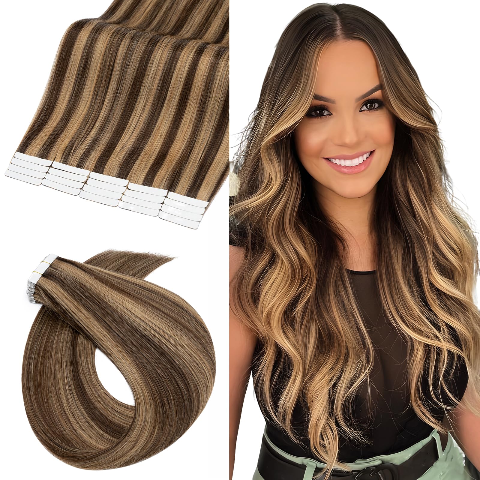 UK-Fashion-Shop Tape in Hair Extensions Remy Real Human Hair Extension 20 pieces 40g Straight Skin Weft(14inch 4/27 Medium Brown with Dark Blonde) — image 1
