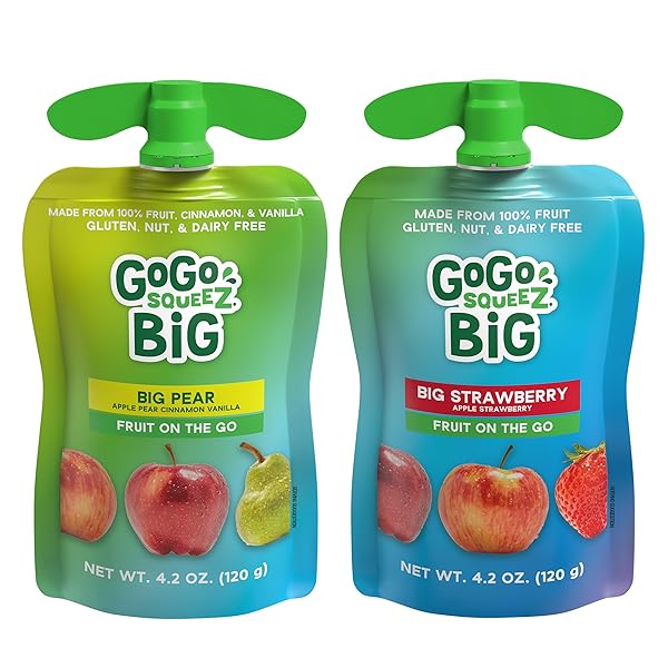GOGO SQUEEZ BIG APPLESAUCE & FRUIT PUREE WITH VANILLA AND CINNAMON VARIETY PACK, PEAR & RASPBERRY, 4.2 OZ. (PACK OF 20), UNSWEETENED FRUIT SNACKS FOR KIDS, GLUTEN FREE, NUT FREE, DAIRY FREE POUCHES