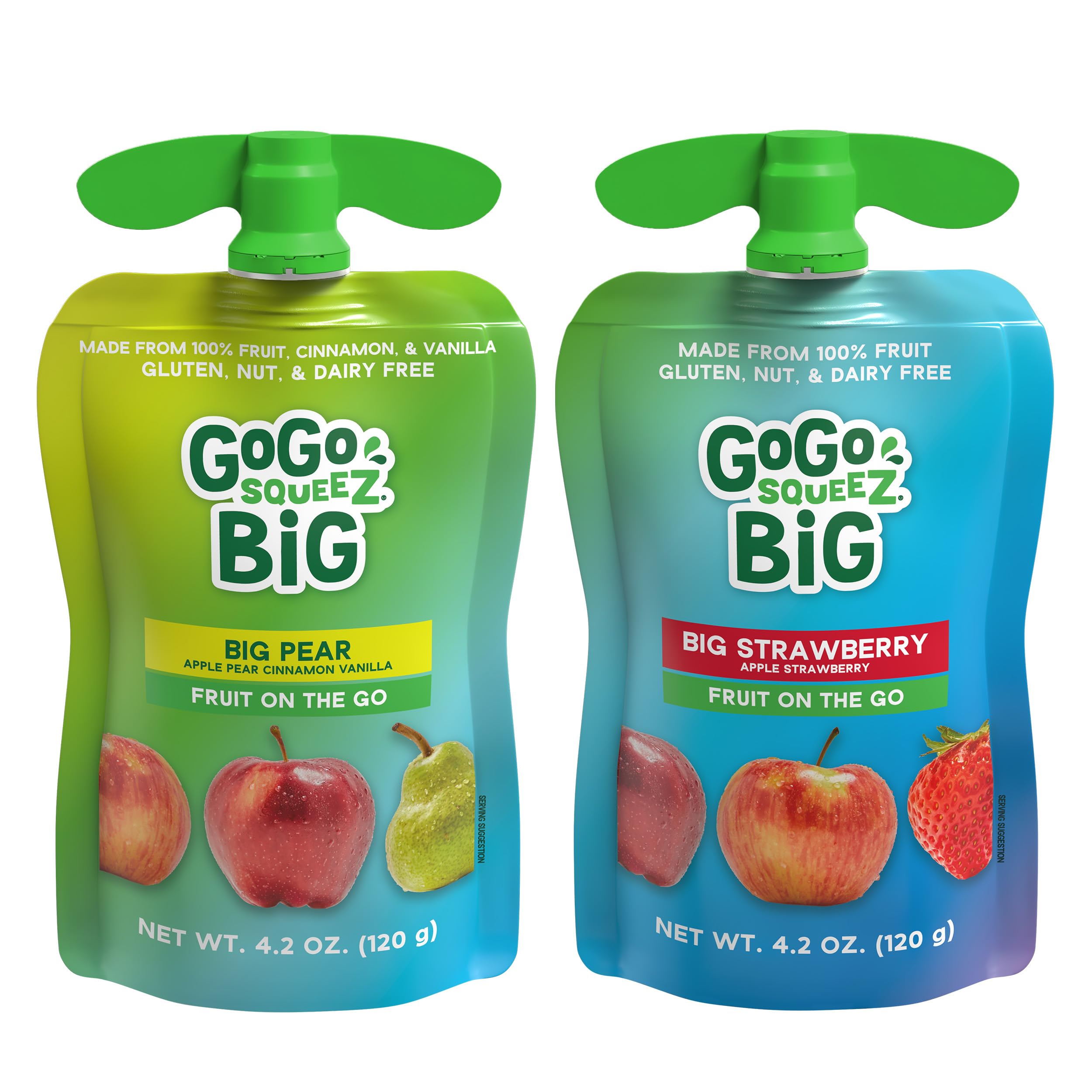 GoGo SqueeZ BIG Applesauce & Fruit Puree with Vanilla and Cinnamon Variety Pack, Pear & Raspberry, 4.2 oz. (Pack of 20), Unsweetened Fruit Snacks for Kids, Gluten Free, Nut Free, Dairy Free Pouches