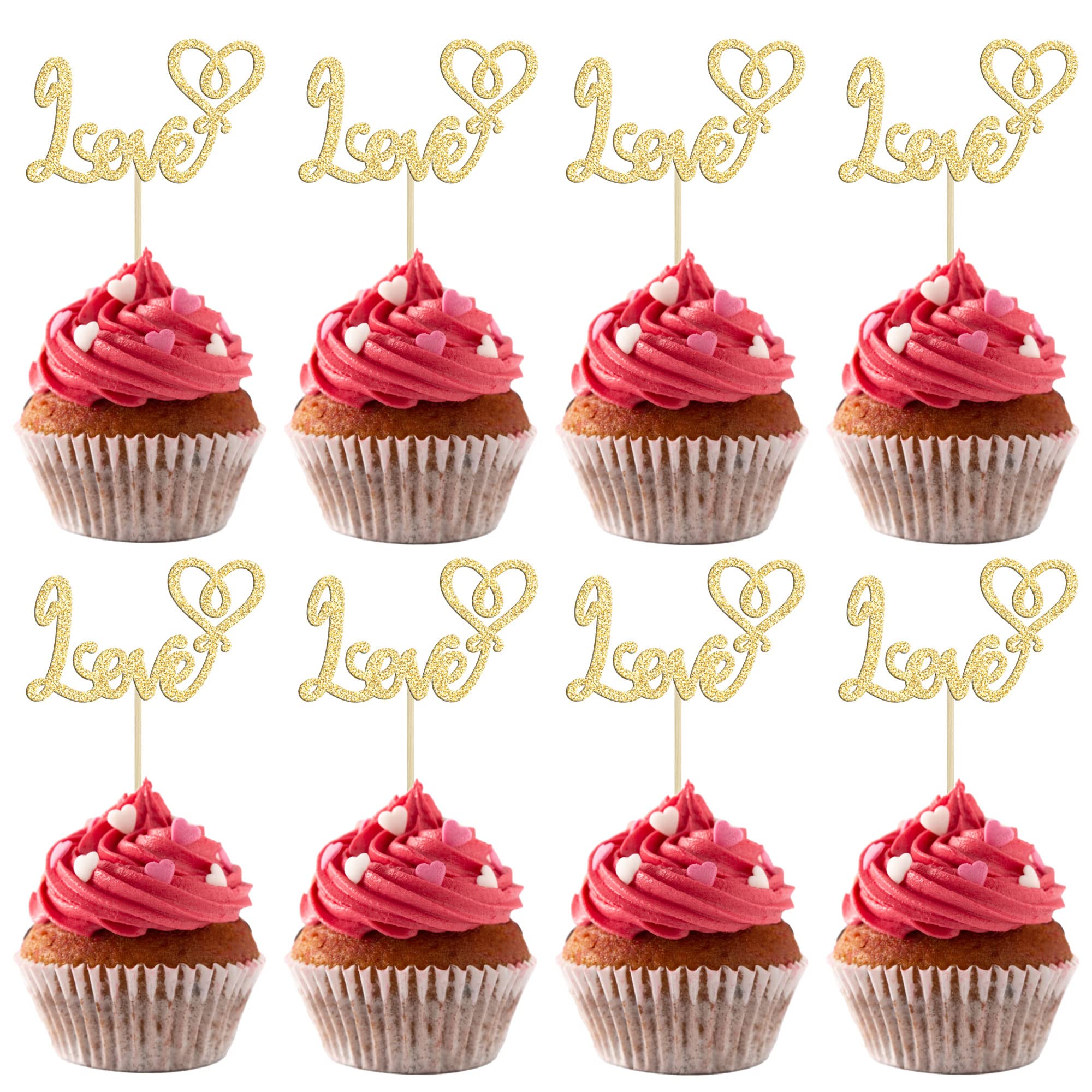 Gyufise 24Pcs Love Cupcake Toppers Gold Glitter Sweet Love Valentine's Day Cupcake Picks Decorations for Valentine's Day Theme Wedding Engagement Bridal Shower Birthday Party Supplies