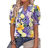 BTFBM Summer Blouses for Women Dressy Casual 2026 Fashion Spring Tops Floral Boho V Neck Puff Short Sleeve Top Shirts