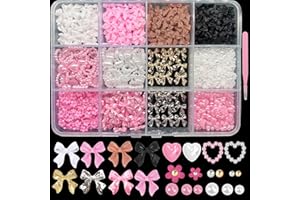 AQNJC 800 PCS 3D Nail Charms Bulk 8 Colors Bow Nail Charms Y2K Flower Rose Heart Star Pearl Nail Charms and Gems for Nails Design Nail Pearls Charms for Nail Art