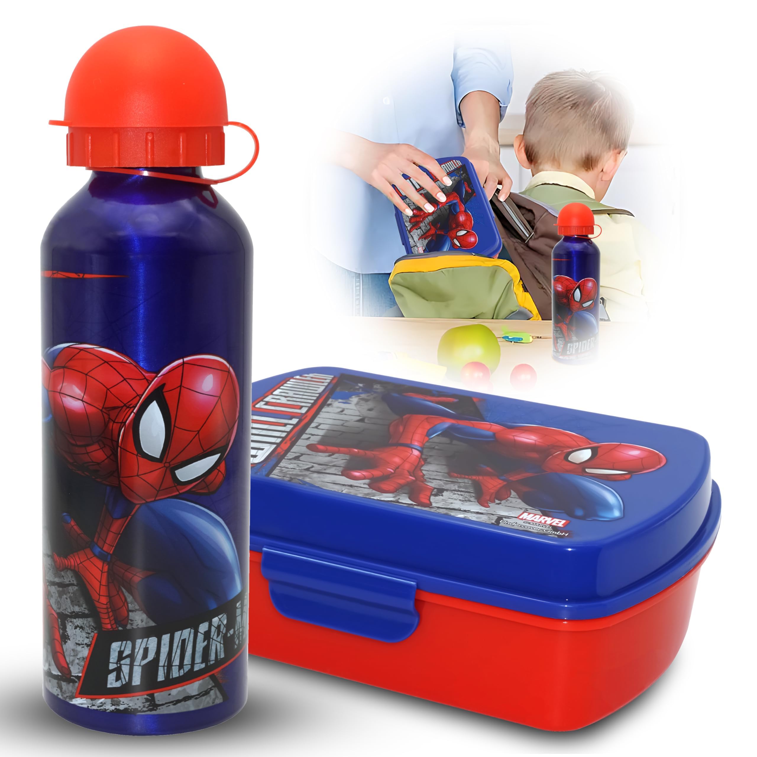 2Pk Spiderman Lunchbox for Kids with Summer Water Bottle, 500ml Aluminium Non-Toxic Bottle, 16cm Plastic Travel Sandwich Box, BPA- Free Set for Kids Back to School — image 1