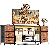 Furologee LED TV Stand for 65, 70 Inch TV, 63 Inch Entertainment Center with Power Outlets, 6 Fabric Drawers Dresser for Bedroom, Media Console with Open Shelves, Rustic Brown