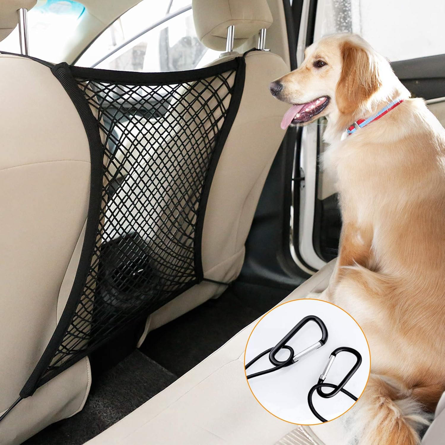 rabbitgoo Dog Car Net Barrier, 13.98" × 15.55", Metal Hooks & Stretchable Mesh Obstacle, Back Seat Net Organizer, Design for Pet Disturb Stopper & Storage Pouch, Drive Safely with Children & Pets : Pet Supplies