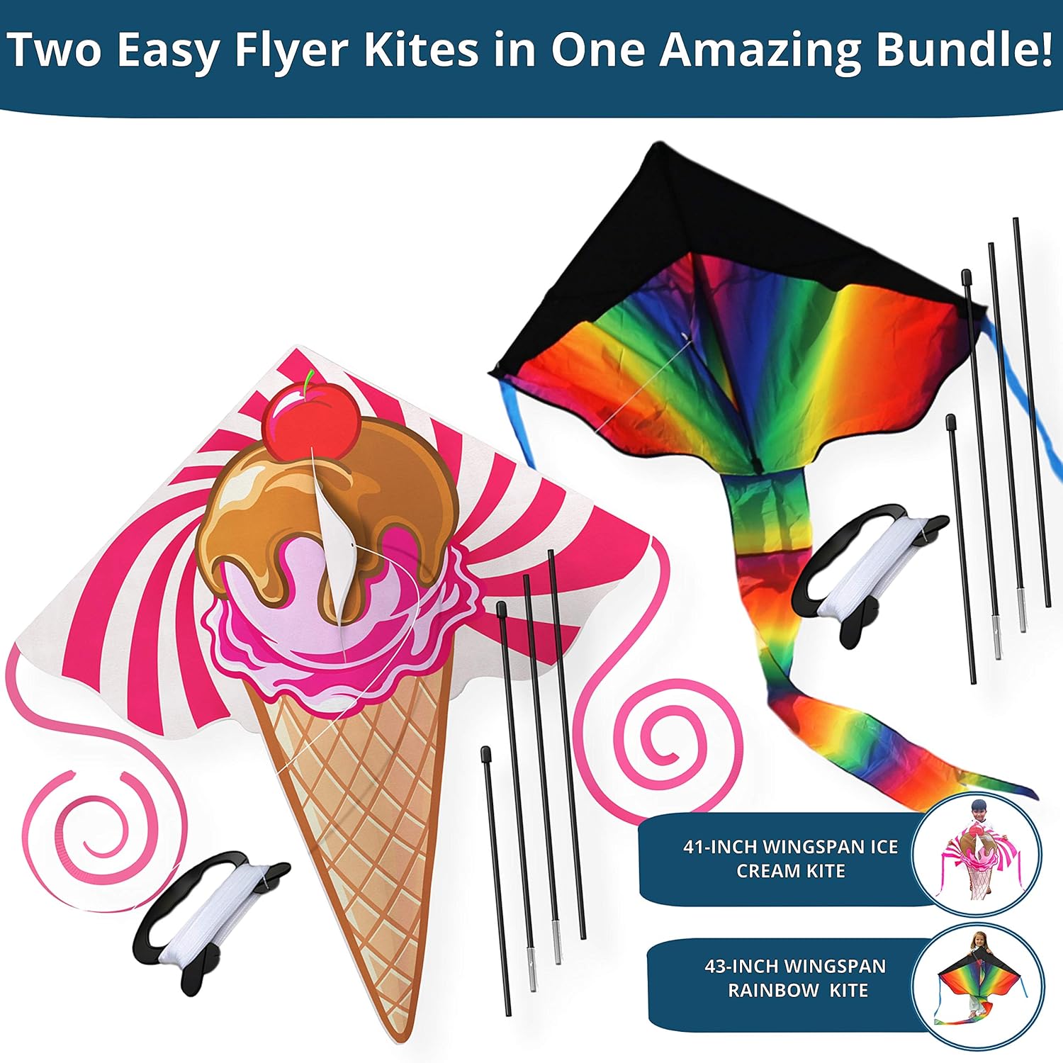 2 Pack Kites for Kids Ages 4-8 - Large Rainbow Kite and Ice Cream Kite for Boys and Girls with 50 LB x 328-ft - Twisted Kite Line - Easy to Fly and Easy to Assemble Kids Kites, Weatherproof Beach Kite: Toys & Games