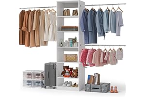PATIOPERK Walk in Closet Organizer System - Built-in Garment Rack with 6 Shelves and 3 Extendable Hanging Rods, Wall Mounted Clothes Organizers Storage Systems for Bedroom