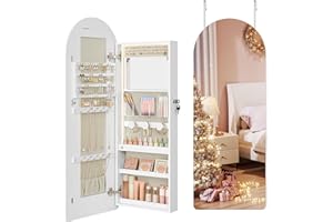 SONGMICS Wide Jewelry Organizer, LED Jewelry Cabinet Wall/Door Mounted, Arched Mirror with Storage, Lockable, Rounded Corner, Interior Mirror, Christmas Gift, Cloud White UJJC020W01