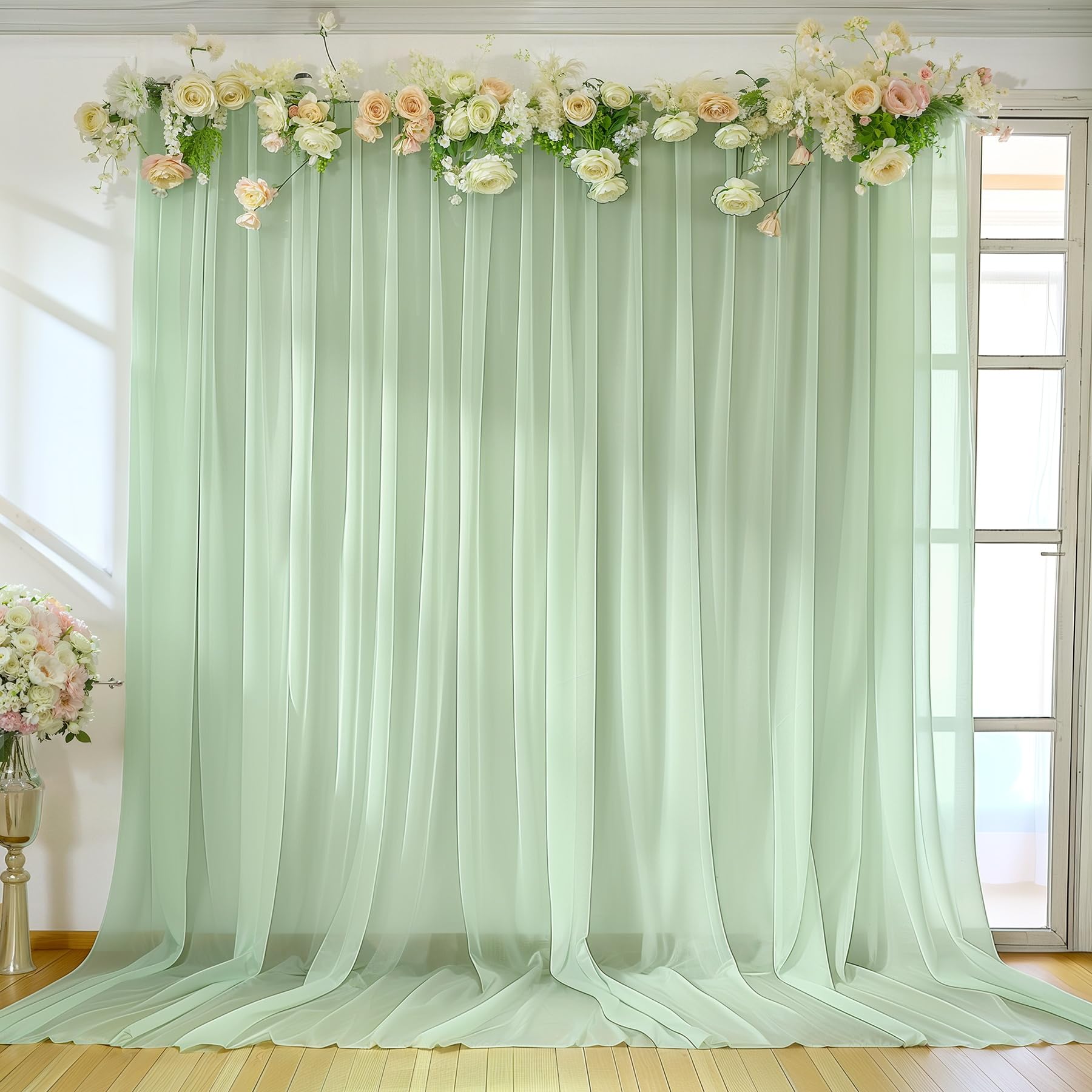Photo 1 of 10ft x 10ft Sage Green Backdrop Curtains, Wrinkle-Free Sheer Chiffon Fabric Backdrop Drapes for Wedding Arch Party Ceremony Stage Photo Decoration