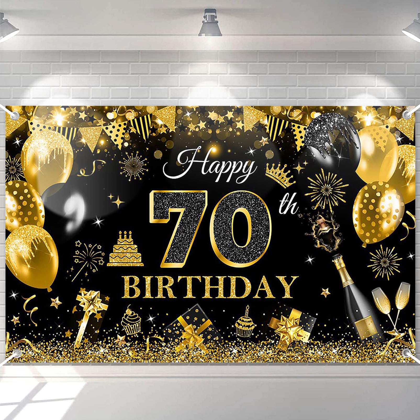 Photo 1 of Avezano Happy 70th Birthday Banner for Men Black and Rose Gold Glitter Balloon 70 Birthday Party Backdrop 70 Year Old Bday Photo Backdrop Party Supplies 70.8 x 43.3 Inch