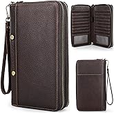 Top Grain Genuine Leather Clutch Wallet with Wristlet for Man & Woman, Handmade Vintage Design, Multi Pockets & Side Pocket & Slots, RFID Large Capacity for Cards/Checks/Money/Passport/Pen, Red Coffee