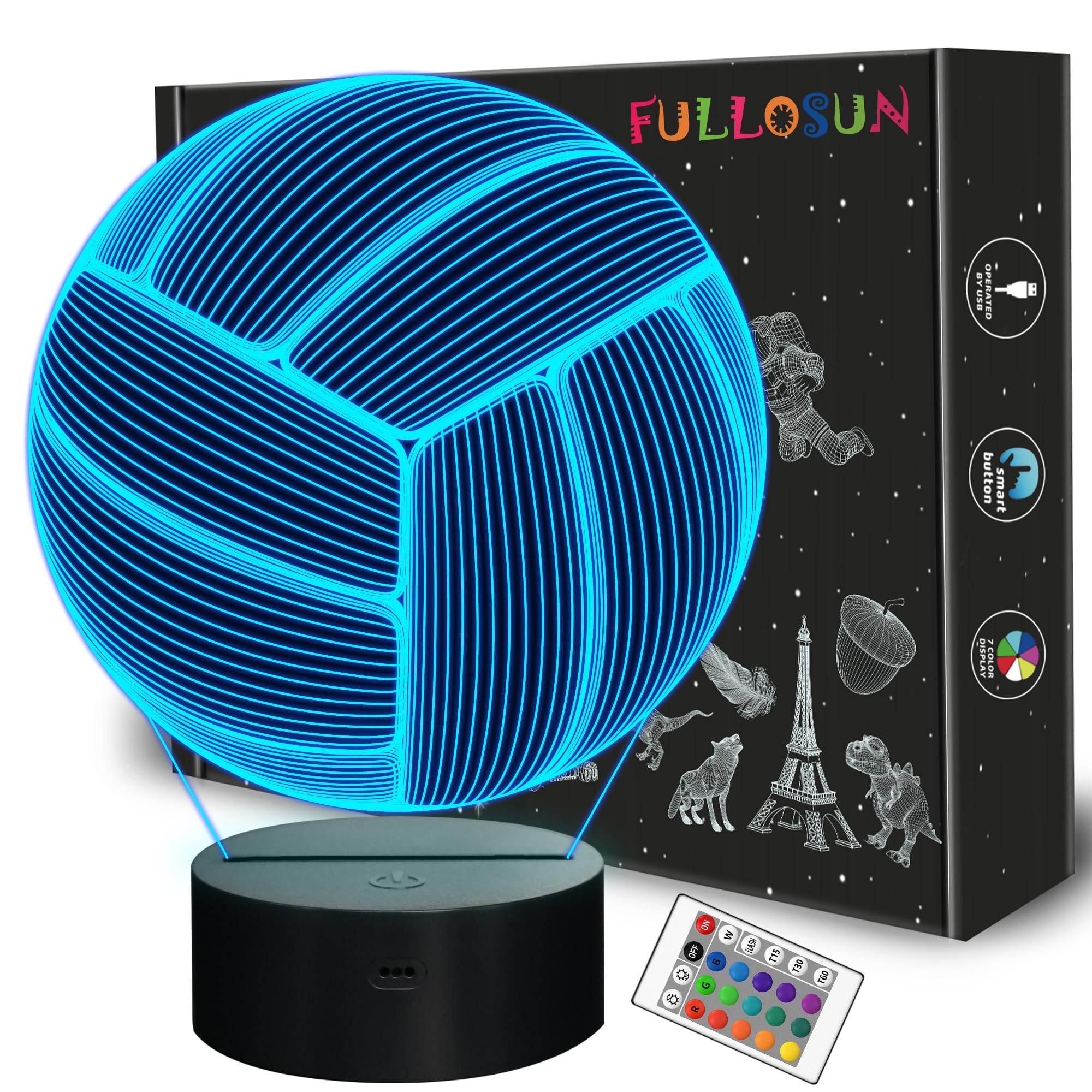 FULLOSUN Volleyball 3D Night Light, Sport Mood Illusion Lamp for Kids with Remote Control 16 Colors Changing, Creative Birthday Beach Volleyball Coach Lover Gifts for Boys Bedroom Decoration