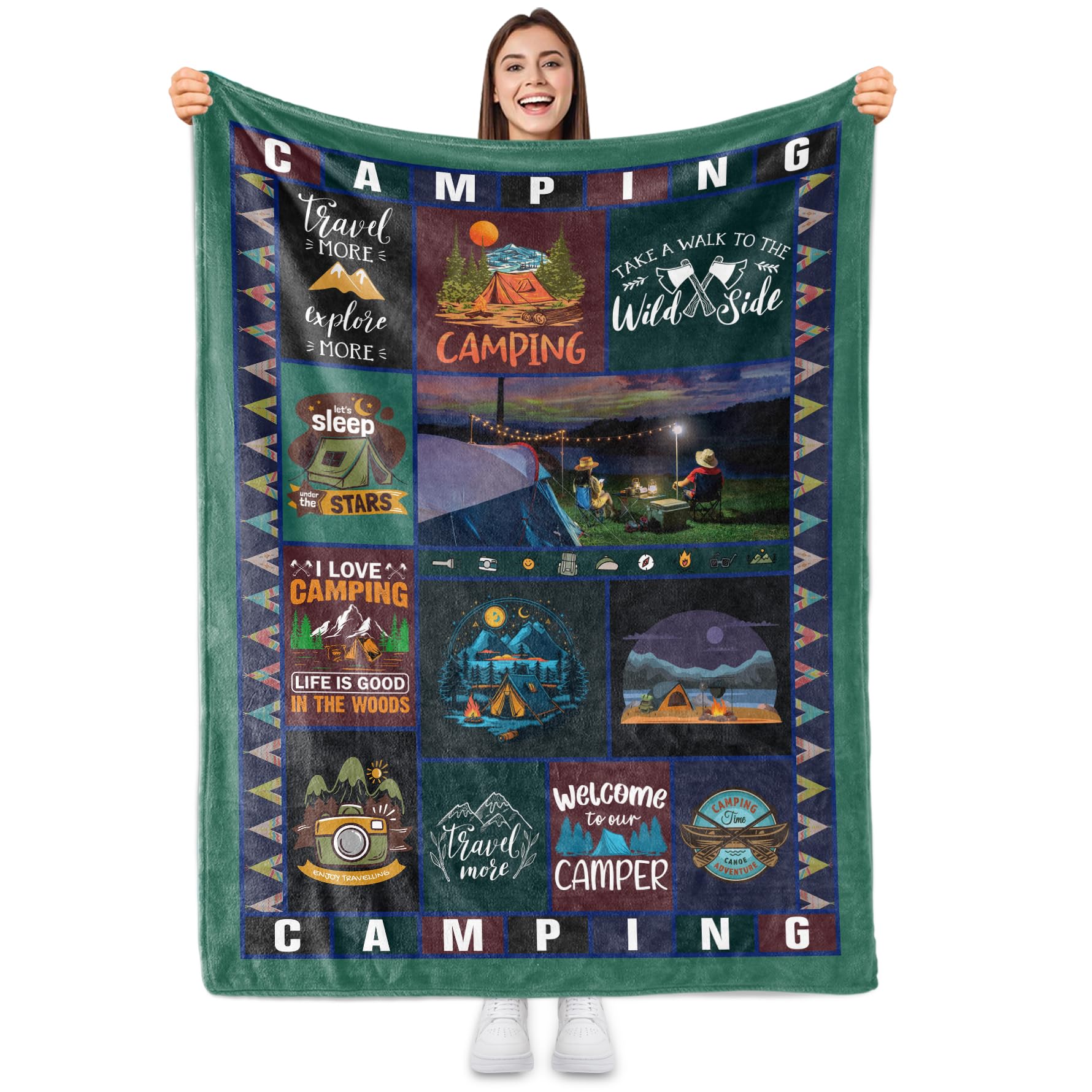 Sowide Camping Blanket for Camping Lovers, Camping Gifts for Men Women Family, Soft Fleece Blanket Throw Unique Gift, Comfy Lightweight Fuzzy Plush for Travel Hiking Outdoor Camper, Couch Nap, 60"x80"
