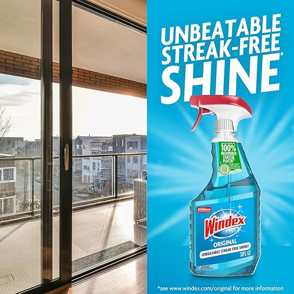 WINDEX GLASS AND WINDOW CLEANER SPRAY BOTTLE, PACKAGING DESIGNED TO PREVENT LEAKAGE AND BREAKING, SURFACE CLEANING SPRAY, ORIGINAL BLUE SCENT, 23 FL OZ