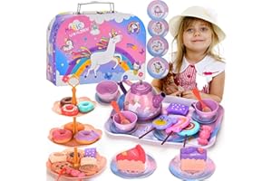Lajeje Unicorn Toys Tea Party Set for Little Girls, Birthday Gift for Age 3 4 5 6 Year Old, Princess Tea Set Toys for Little Girls, Kids Kitchen Pretend Toy with Tin Tea Set, Desserts & Carrying Case