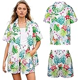 Forfamy Women's Hawaiian Shirt Shorts Floral Tropic Button Down Shirts Short Sleeve Outfits Vacation Beach Summer Lounge Suit