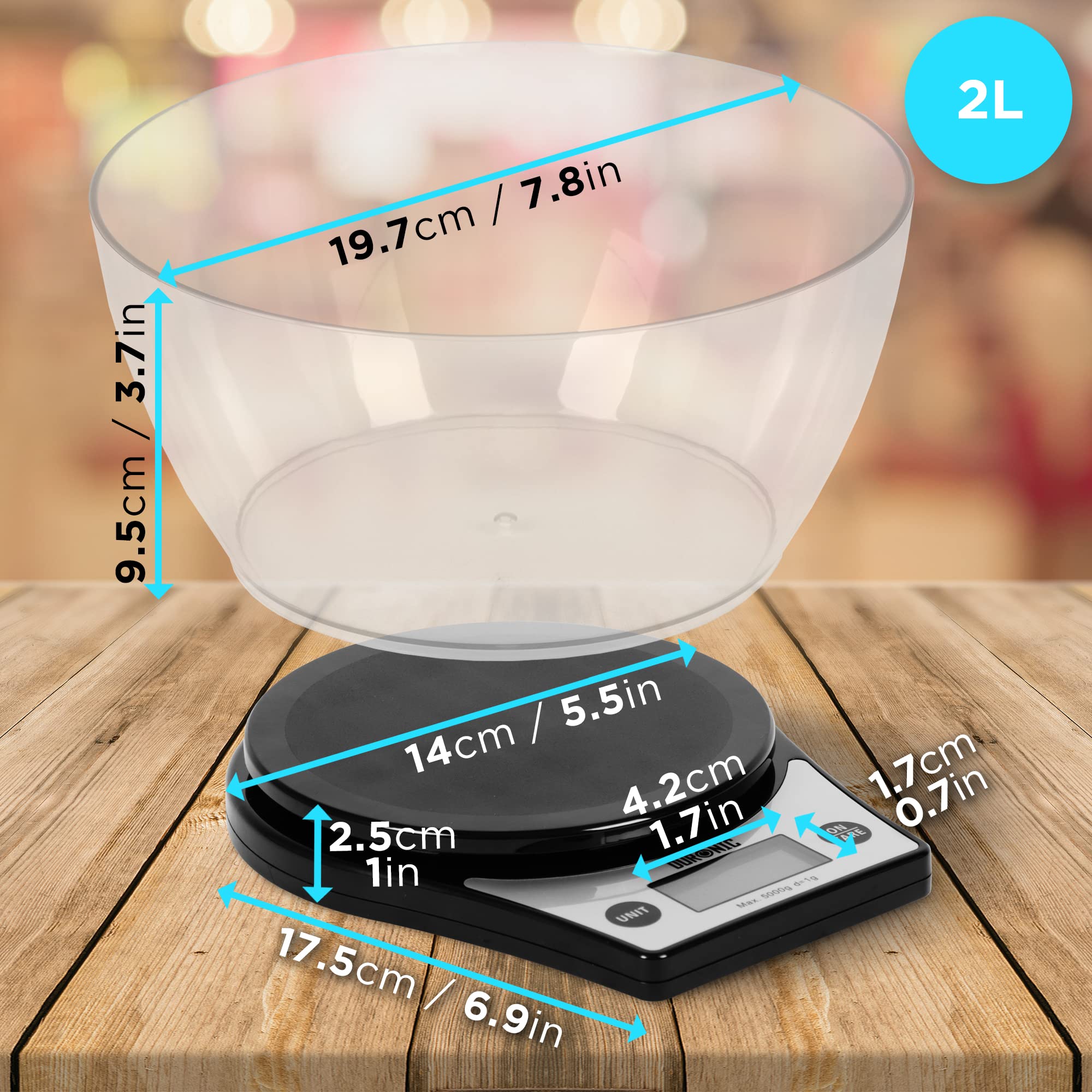 Duronic Digital Kitchen Scales KS6000 BK/CR Electronic Kitchen Scale with Bowl Measuring Weighing Scale Baking Scale for Cooking Baking Postal Pet Food Measurement Baker Weight Scale, Tare LCD Display