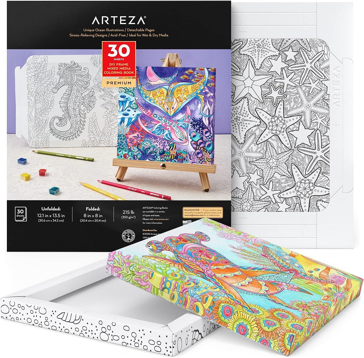 Arteza Adult Colouring Book, 30.6 x 34.2 cm, 20.4 x 20.4 cm Folded, 30 Sheets, Ocean Illustrations, 350 GSM Paper, DIY Colouring Sheets for Relaxing