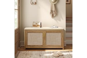 VASAGLE ELLAN Collection - Boho Shoe Bench with Cushion, Entryway Storage Bench with 2 Rattan-Look Cabinet Doors, Rounded Cor