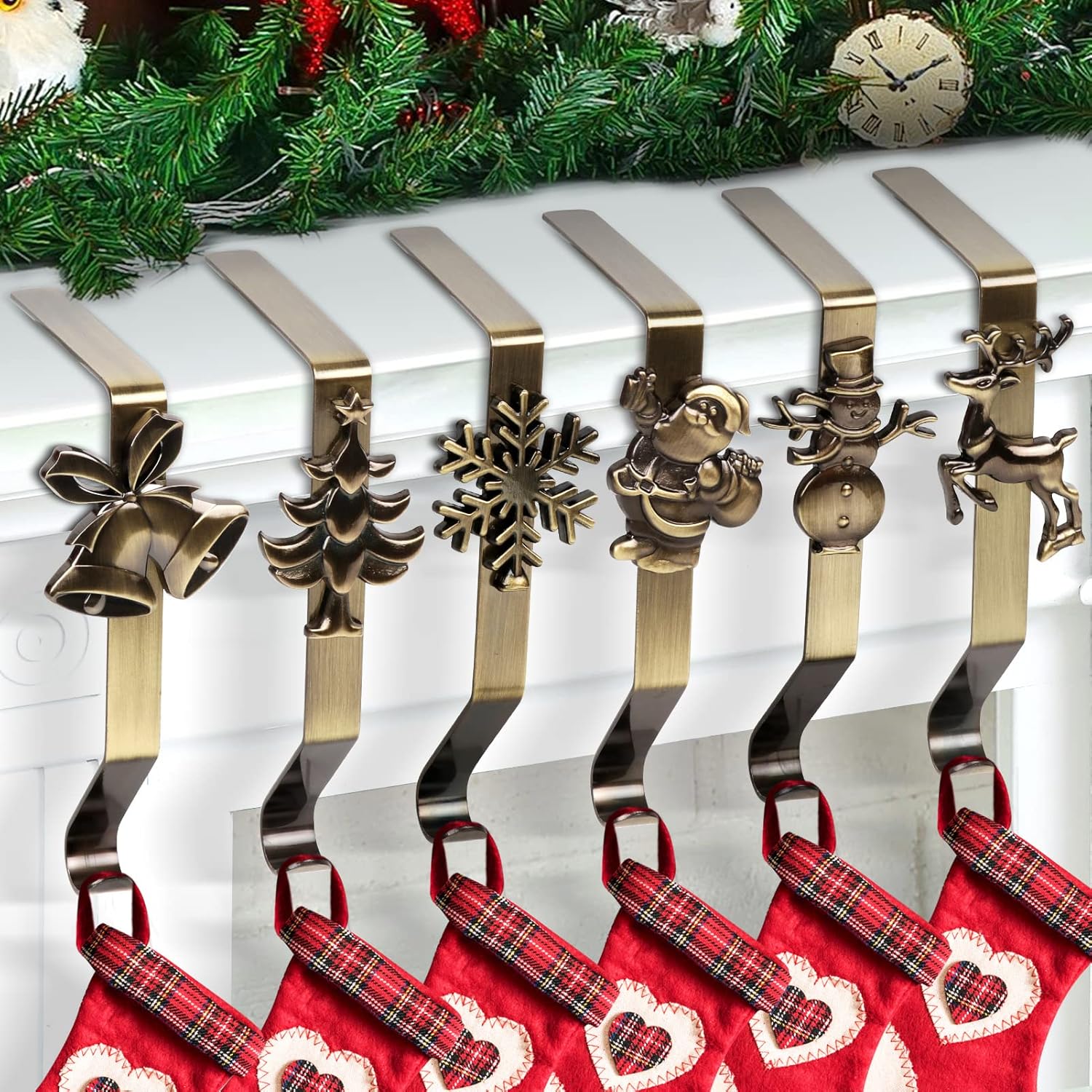 Stockings & Holders - 6 Pcs Christmas Stocking Holders for Mantel, Non-Slip Stocking Hangers Christmas Decor Include Snowflake/Snowman/ Bell/Xmas Tree/Santa/Elk for Christmas Fireplace Floor Shelf Decorations (Bronze)
