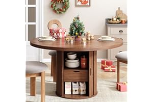 ONBRILL 47 inch Round Dining Table for 4, Circle Kitchen Table with 2-Layer Storage Shelf and a Drawer, Modern Farmhouse Dinner Tables with Sliding Door and Wood Strip Base for Kitchen, Living Room (Walnut)