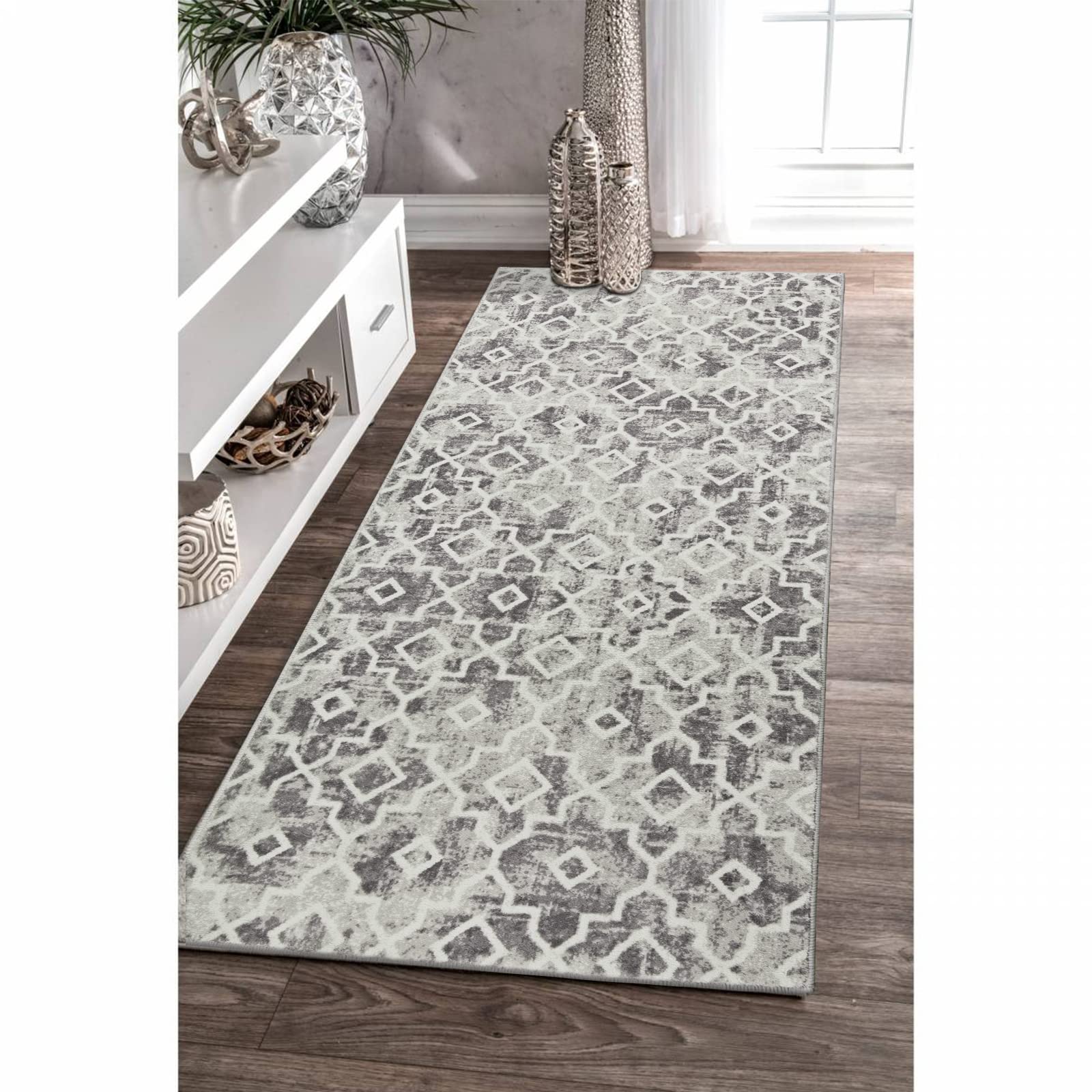 Photo 1 of Wonnitar Moroccan Washable Area Rug 2x4.3 Grey Kitchen Runner Rug Non-Slip Entryway Rug Modern Geometric Trellis Throw Rug Floor Carpet for Hallway Bedroom Bathroom (Silver Grey,2'x4.3')