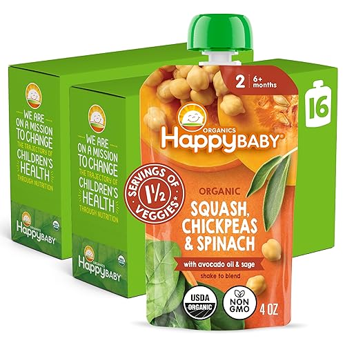 Happy Baby Organics Savory Blends Stage 2 Baby Food, Squash Chickpeas & Spinach with Avocado Oil + Sage, 4 Ounce Pouch (Pack of 16)