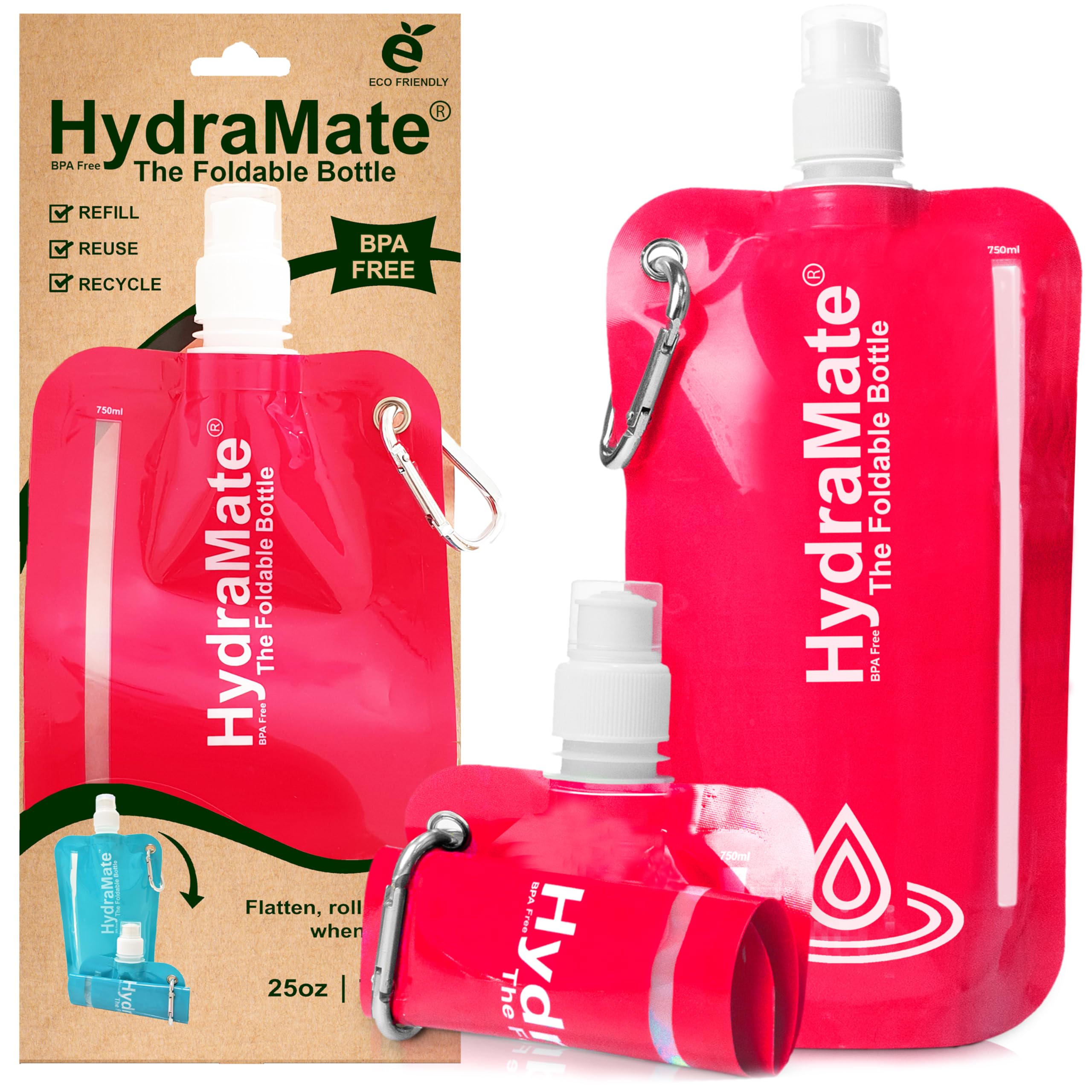 HydraMate Collapsible Water Bottle - 750ml, BPA Free. Lightweight, Foldable, Roll Up, Squeezable Pouch, Carabiner Clip - Perfect for Travel, Festivals, Hiking, Camping. Pink
