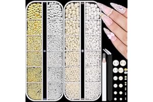 BELLEBOOST 7500Pcs 3D Nail Charms, Gold & Silver Small Round Metallic Nail Art Gems and Flatback White & Beige Pearl Nail Beads, Craft Decoration Rhinestones Jewels Accessories with Tweezers and Pick-up Pencil