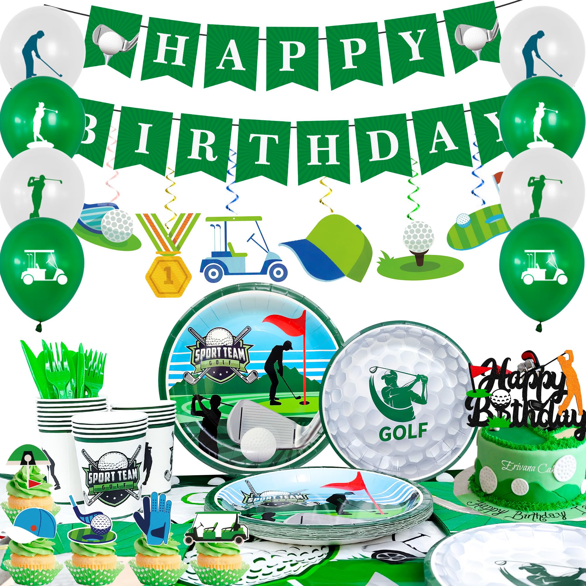 View 1 of 159pcs Golf Birthday Party Decorations Supplies, 16 Guests Golf Party Tableware Set Golf Birthday Banner Balloons Sport Party Plates Napkin Tablecloth etc