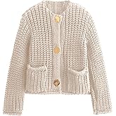 Hvewarm Womens Fall Chunky Knit Cardigan Gold Button Down Long Sleeve Crop Crochet Sweater