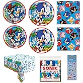 Sonic Birthday Party Supplies Bundle includes 16 Dessert Cake Paper Plates 7", 16 Lunch Paper Plates 9", 32 Paper Napkins, 1 Plastic Table Cover, 1 Dinosaur Sticker Sheet