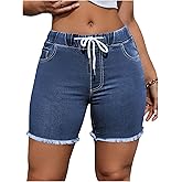 Verdusa Women's Frayed Raw Hem Denim Shorts Drawstring Waist Slim Fitted Jean Shorts