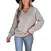 CUPSHE Womens Sweaters V Neck Long Sleeve Lightweight Soft Crochet Casual Pullover Sweater Tops
