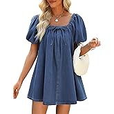 POLIRO Denim Dress for Women, Puff Short Sleeve Jean Dress Square Neck Denim Romper with Pockets