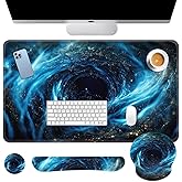 Britimes Blue Black Galaxy Keyboard Mouse Pad Set Desk Ma Space Abstract 4in1 Large Mousepad+Keyboard Wrist Rest+Mouse Wrist Rest+Coaster Ergonomic Design for Home Office Computer 35.4x15.7 inches