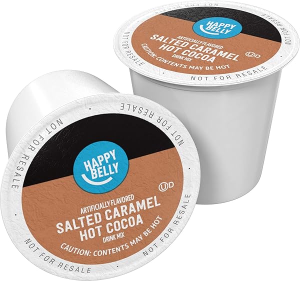 AMAZON BRAND – HAPPY BELLY HOT COCOA PODS COMPATIBLE WITH 2.0 K-CUP BREWERS, SALTED CARAMEL FLAVORED, 24 COUNT